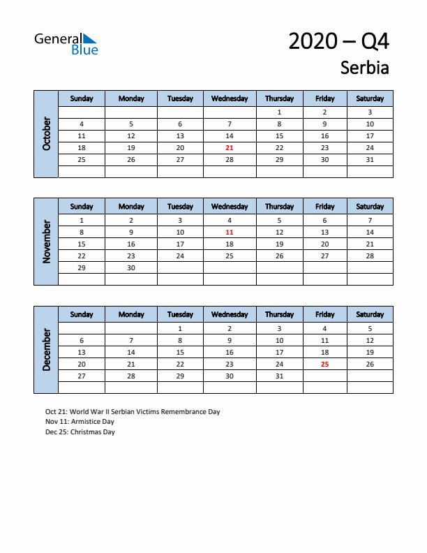 Free Q4 2020 Calendar for Serbia - Sunday Start