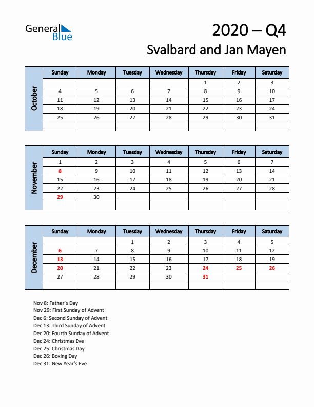 Free Q4 2020 Calendar for Svalbard and Jan Mayen - Sunday Start
