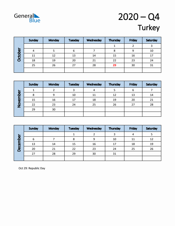 Free Q4 2020 Calendar for Turkey - Sunday Start