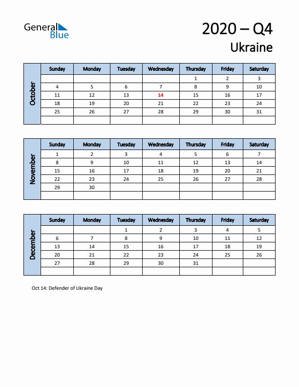 Free Q4 2020 Calendar for Ukraine - Sunday Start