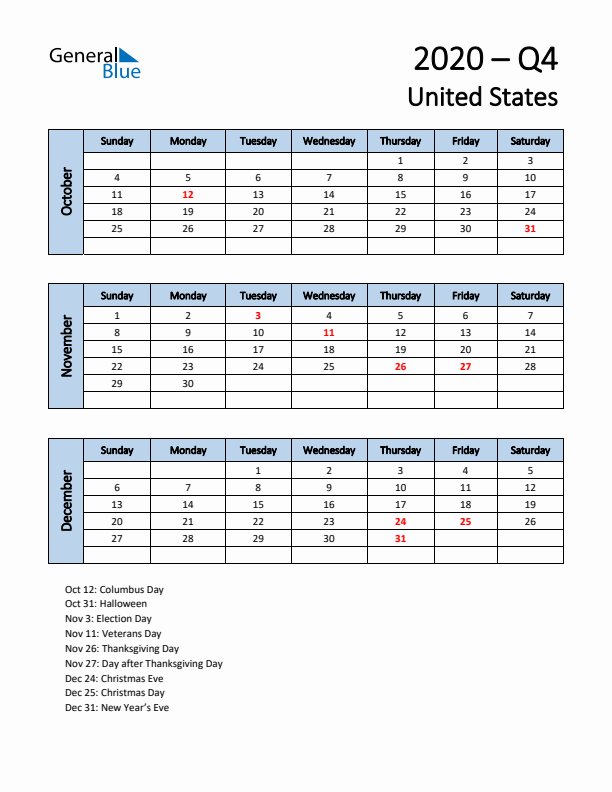 Free Q4 2020 Calendar for United States - Sunday Start