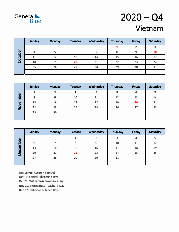 Free Q4 2020 Calendar for Vietnam - Sunday Start