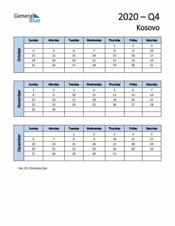 Free Q4 2020 Calendar for Kosovo - Sunday Start