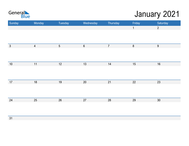 Get January 2021 Printable Calendar General Blue Background