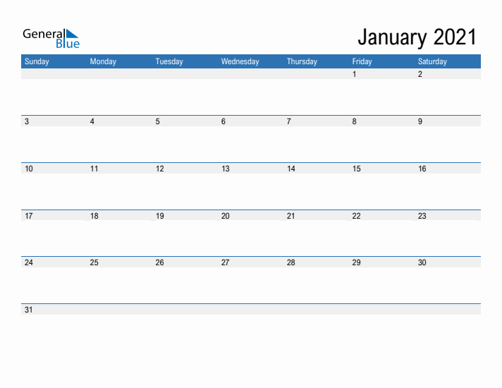 Fillable Calendar for January 2021