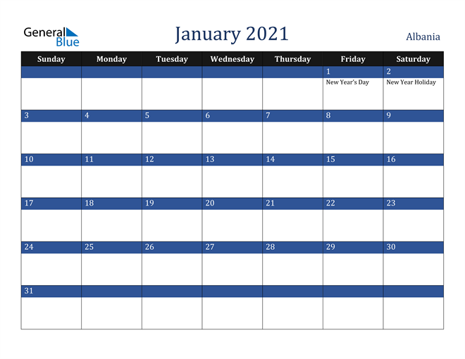 January 2021 Albania Calendar