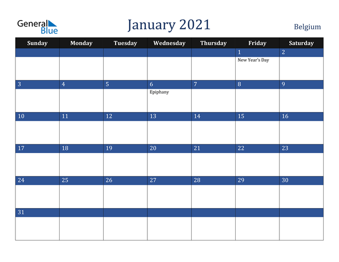 January 2021 Belgium Calendar