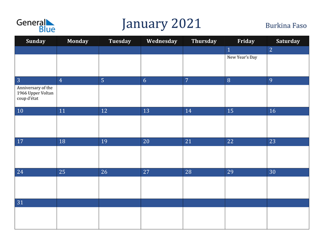 January 2021 Burkina Faso Calendar