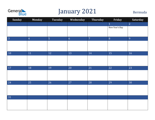 January 2021 Bermuda Calendar