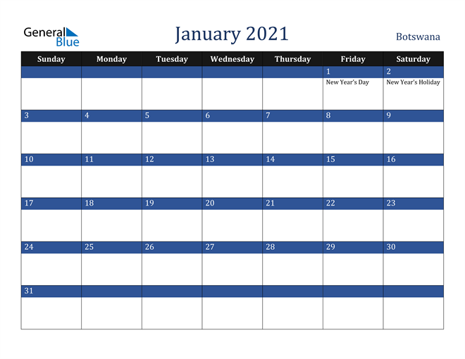 January 2021 Botswana Calendar