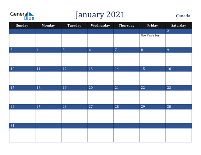 2021 Excel Calendar Canada : January 2021 Calendar - Canada - Designed to be printed on any size paper, portrait and landscape.