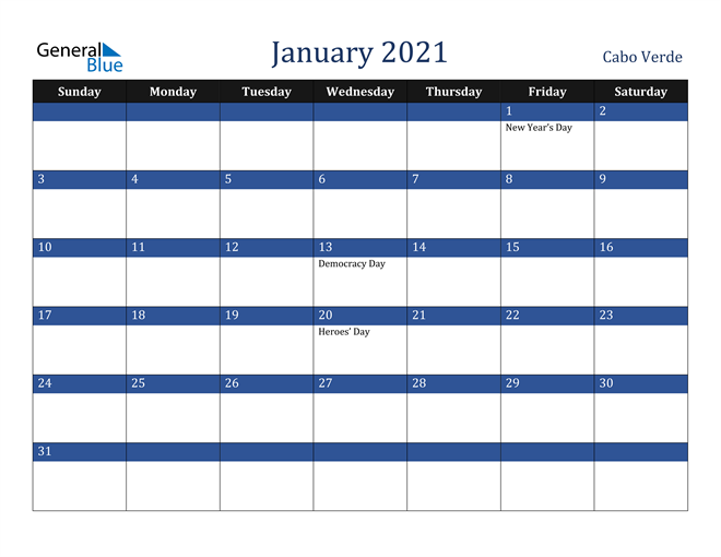 January 2021 Cabo Verde Calendar