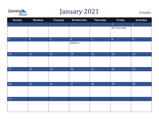 January 2021 Croatia Calendar