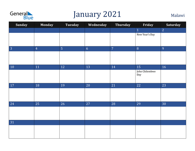 January 2021 Malawi Calendar