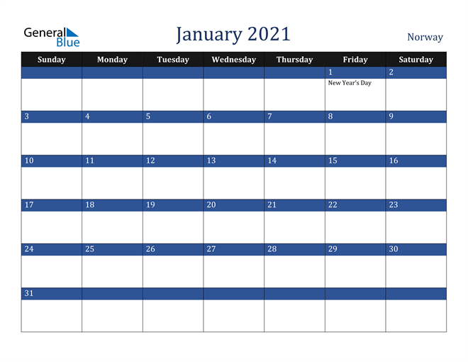 January 2021 Norway Calendar