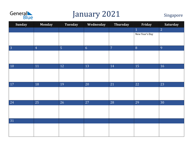 Singapore January 2021 Calendar With Holidays