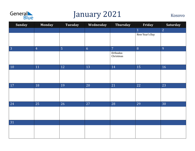 January 2021 Kosovo Calendar