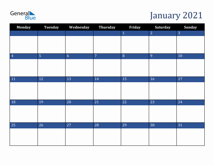 Monday Start Calendar for January 2021
