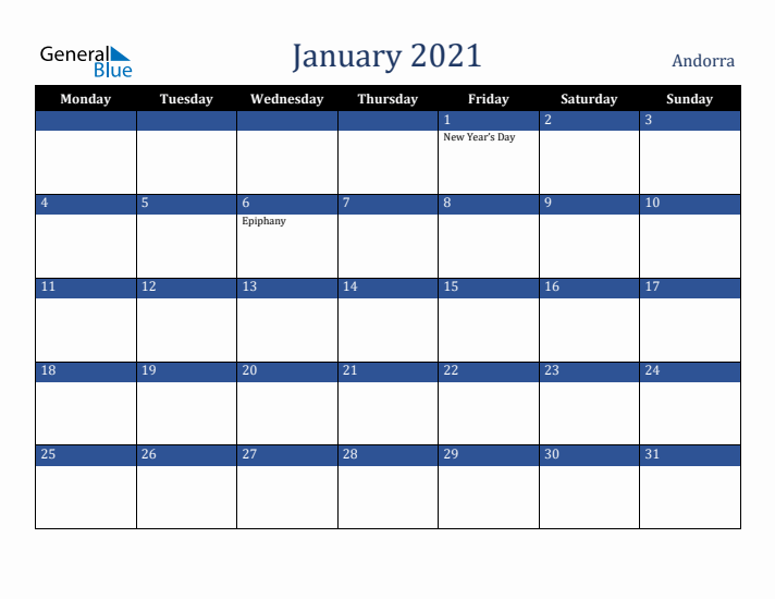 January 2021 Andorra Calendar (Monday Start)