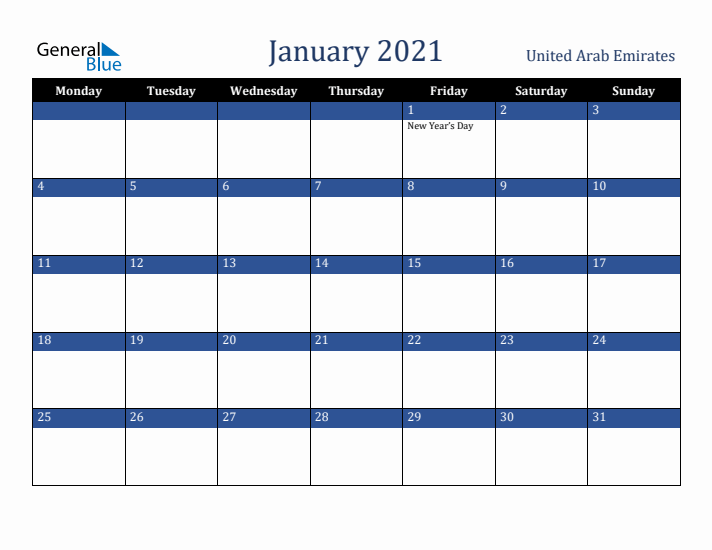 January 2021 United Arab Emirates Calendar (Monday Start)