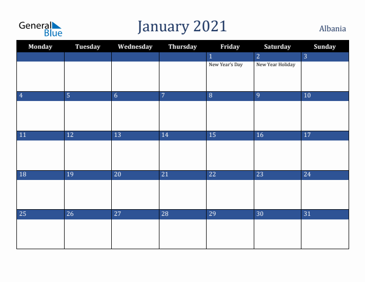 January 2021 Albania Calendar (Monday Start)