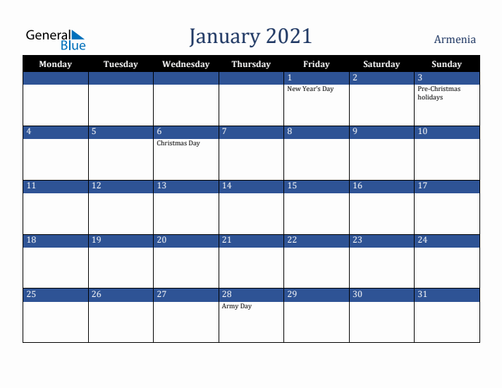 January 2021 Armenia Calendar (Monday Start)