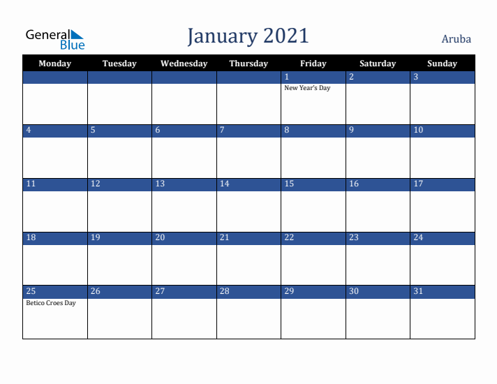 January 2021 Aruba Calendar (Monday Start)