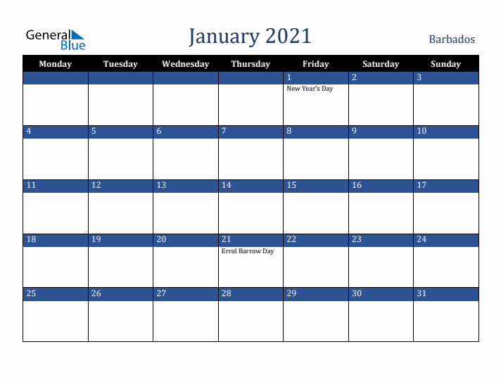 January 2021 Barbados Calendar (Monday Start)