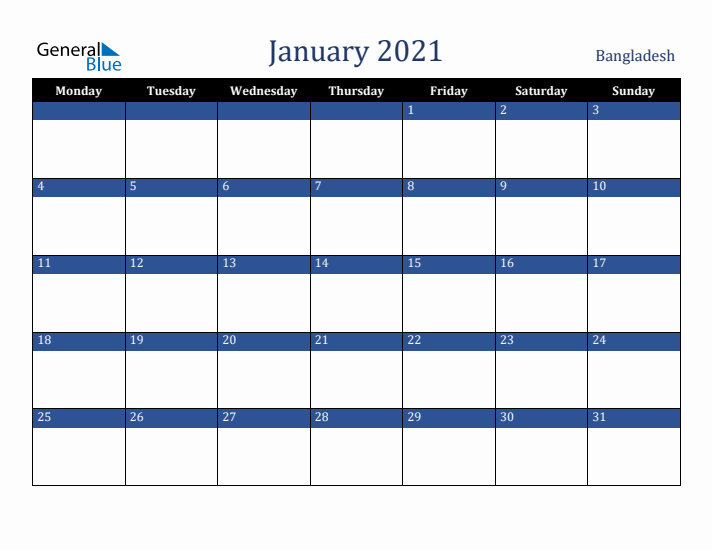 January 2021 Bangladesh Calendar (Monday Start)