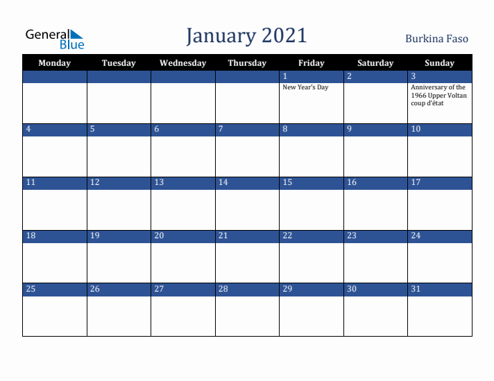 January 2021 Burkina Faso Calendar (Monday Start)