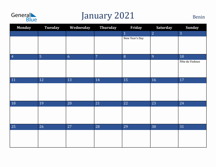 January 2021 Benin Calendar (Monday Start)