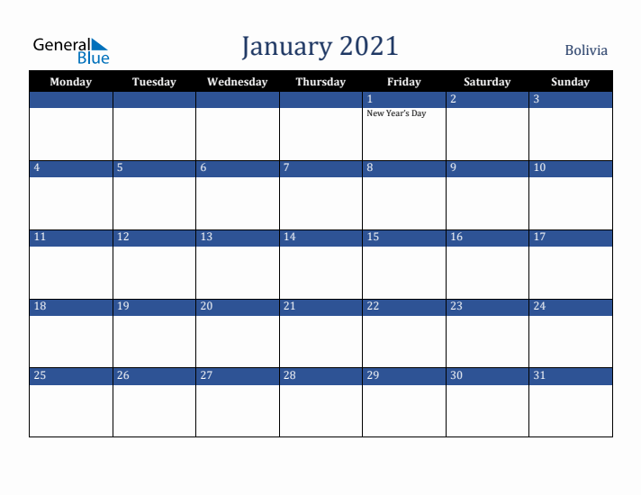 January 2021 Bolivia Calendar (Monday Start)