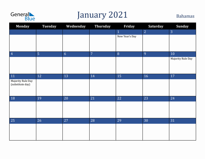 January 2021 Bahamas Calendar (Monday Start)