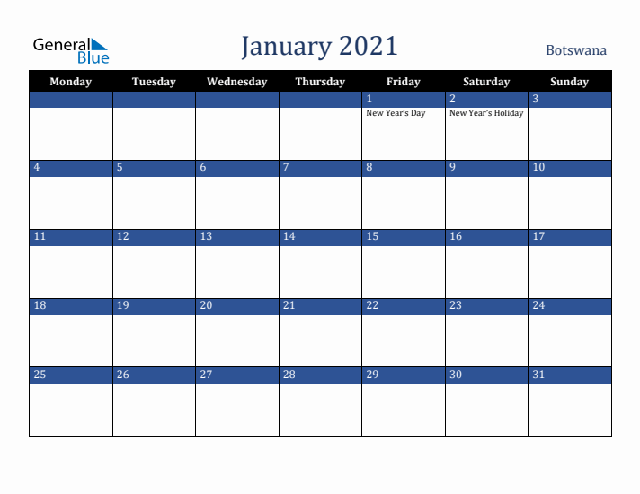 January 2021 Botswana Calendar (Monday Start)