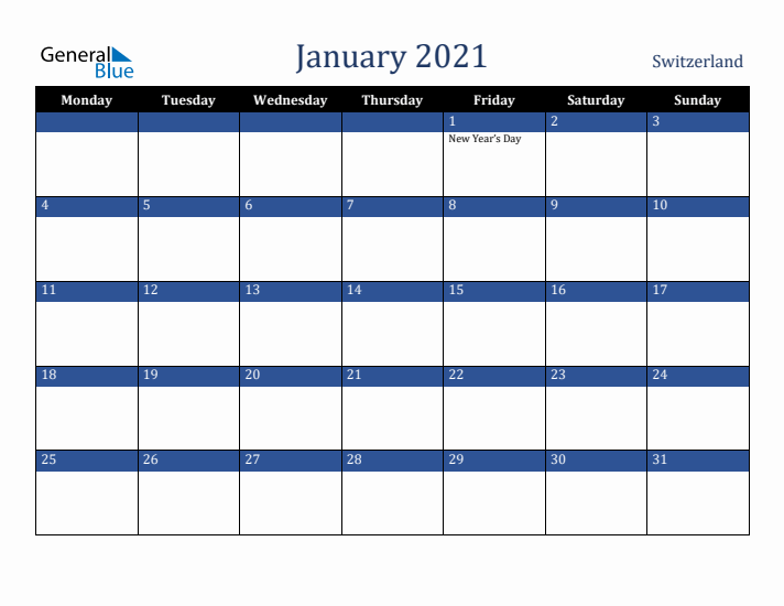January 2021 Switzerland Calendar (Monday Start)