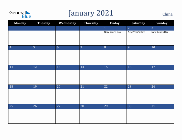 January 2021 China Calendar (Monday Start)