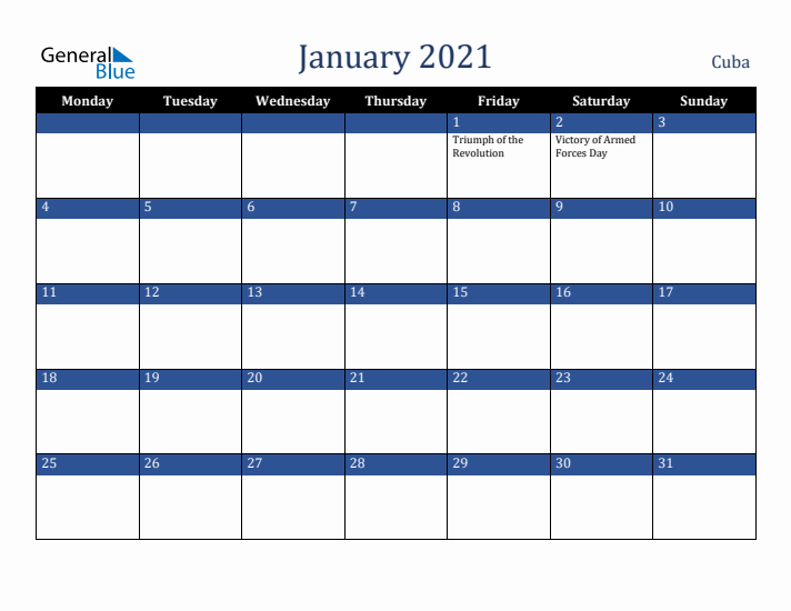 January 2021 Cuba Calendar (Monday Start)