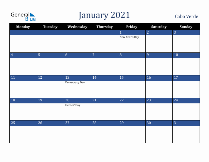 January 2021 Cabo Verde Calendar (Monday Start)