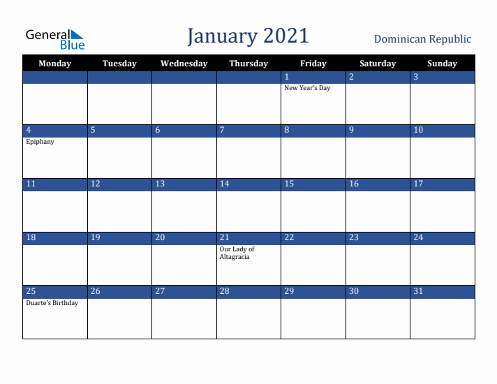 January 2021 Dominican Republic Calendar (Monday Start)