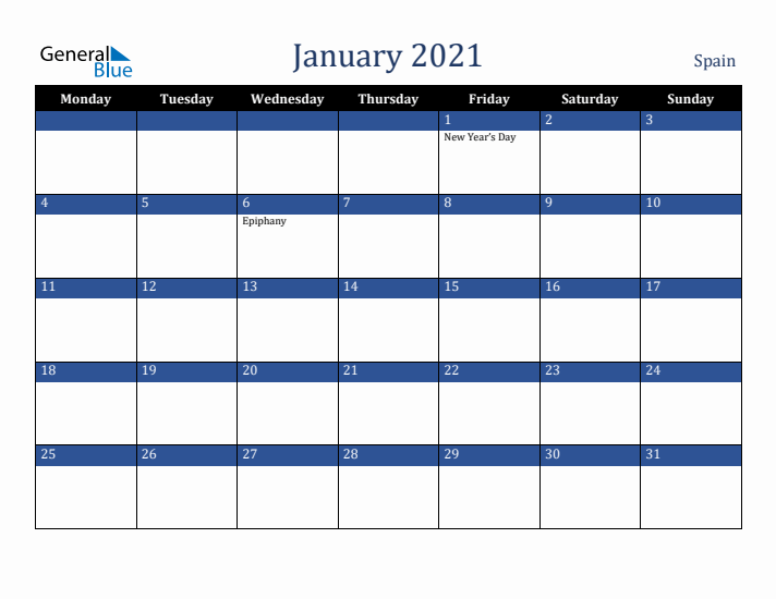 January 2021 Spain Calendar (Monday Start)