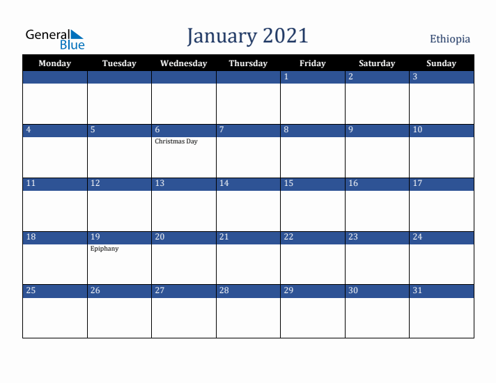 January 2021 Ethiopia Calendar (Monday Start)