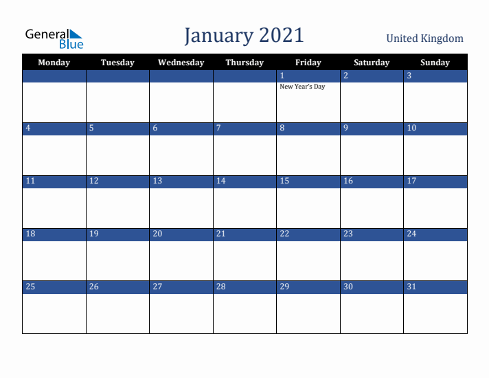 January 2021 United Kingdom Calendar (Monday Start)