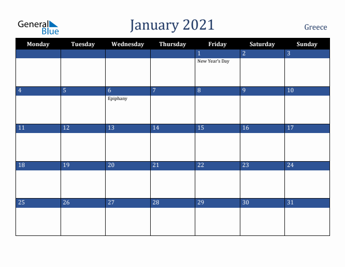 January 2021 Greece Calendar (Monday Start)