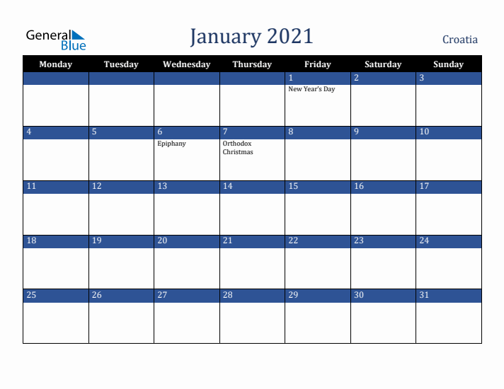 January 2021 Croatia Calendar (Monday Start)