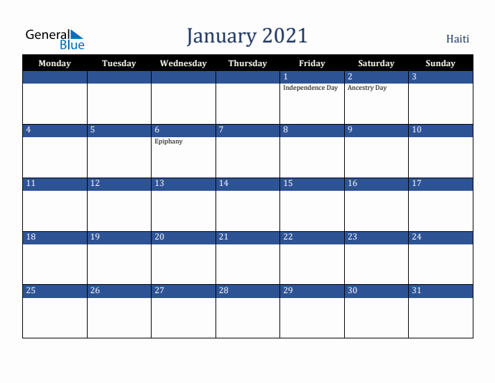 January 2021 Haiti Calendar (Monday Start)