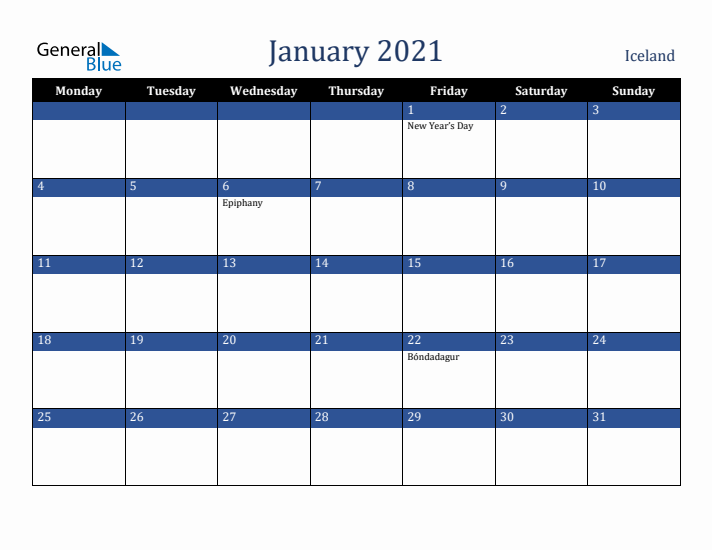 January 2021 Iceland Calendar (Monday Start)