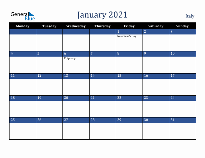 January 2021 Italy Calendar (Monday Start)