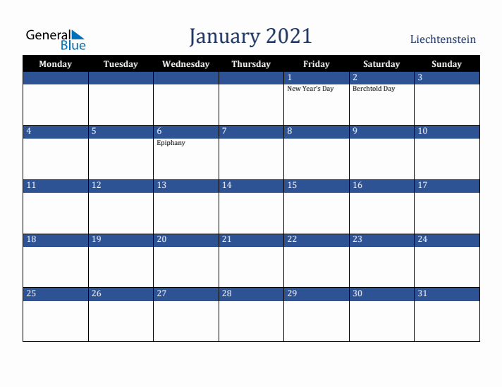 January 2021 Liechtenstein Calendar (Monday Start)