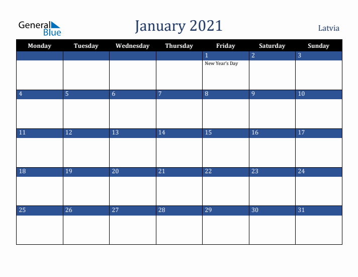 January 2021 Latvia Calendar (Monday Start)