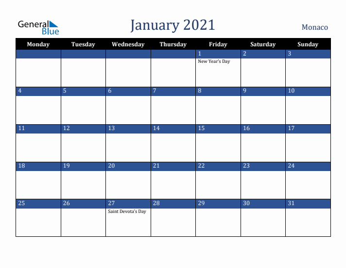 January 2021 Monaco Calendar (Monday Start)